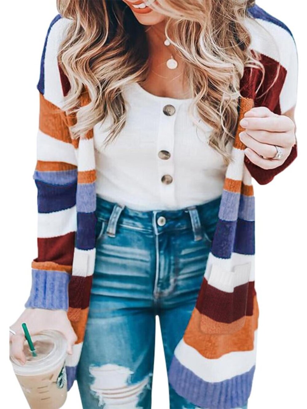 Long Women Sweater Cardigan Knitted Striped Long Sleeve Open Front